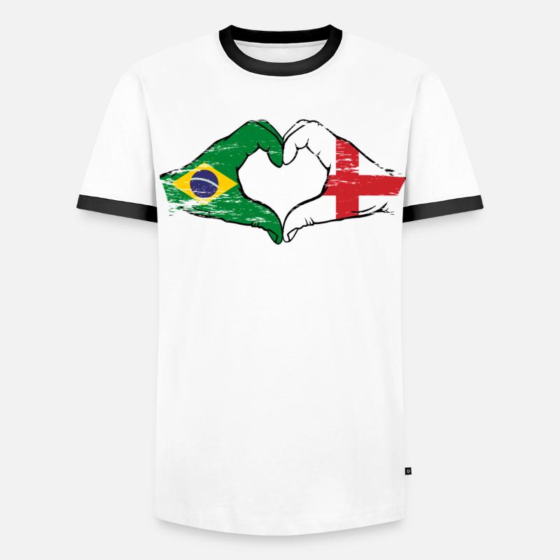 Brésil Angleterre drapeau mains forme de coeur utilisé T-shirt contrasté Homme