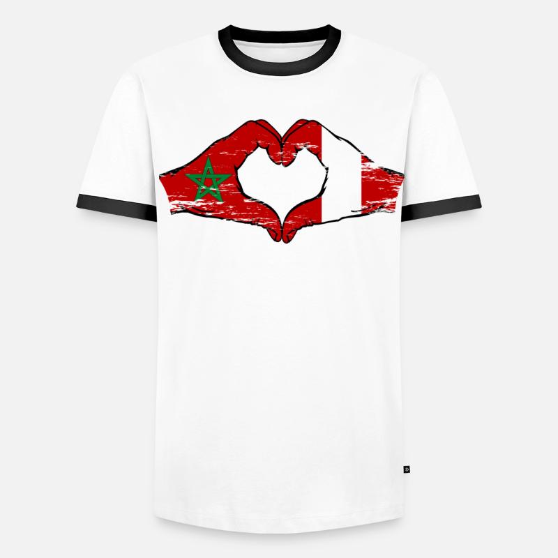 Maroc Pérou Drapeau Mains Coeur Forme Utilisé T-shirt contrasté Homme