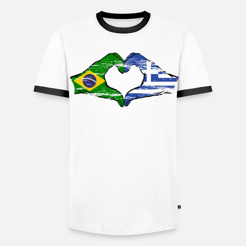 Brésil Grèce Drapeau Mains Coeur Forme Utilisé T-shirt contrasté Homme