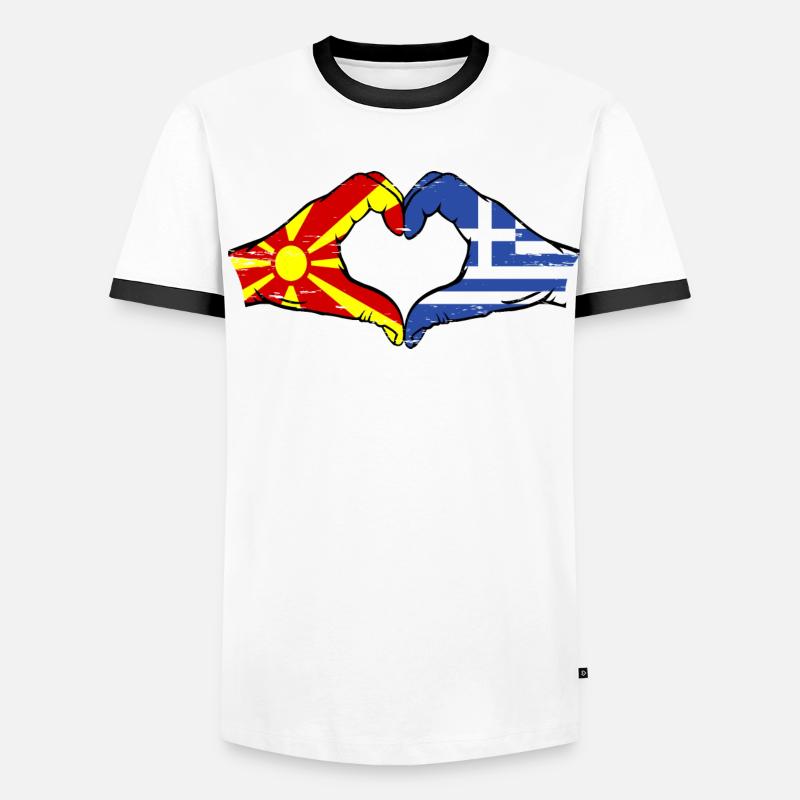 Macédoine Grèce Drapeau Mains Coeur Forme Utilisé T-shirt contrasté Homme