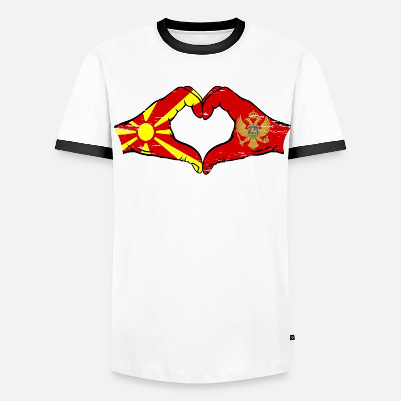 Macédoine Monténégro drapeau mains forme de coeur utilisé T-shirt contrasté Homme