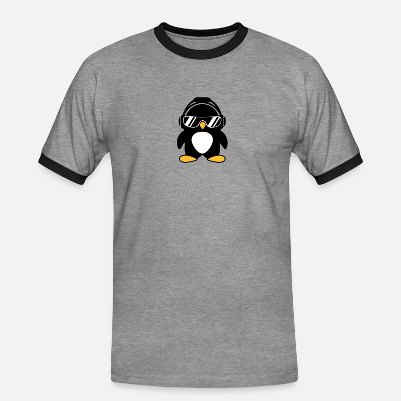 Pinguin mit Kopfhörer - Männer Kontrast-T-Shirt - Grau meliert/Schwarz