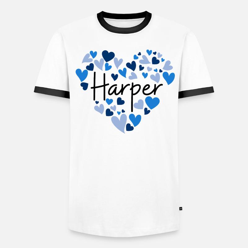 Conception du nom Harper avec des cœurs bleus en forme de cœur T-shirt contrasté Homme