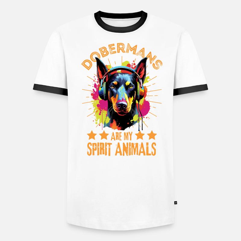 Bunter Dobermann mit Kopfhörer Männer Kontrast-T-Shirt
