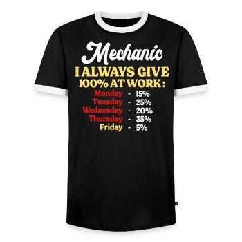 100% At Work Funny Mechanic Quote - Men's Ringer Shirt - black/white - Front - AI Model Female 172 light (172cm) & AI Model Male 178 light (178cm)
