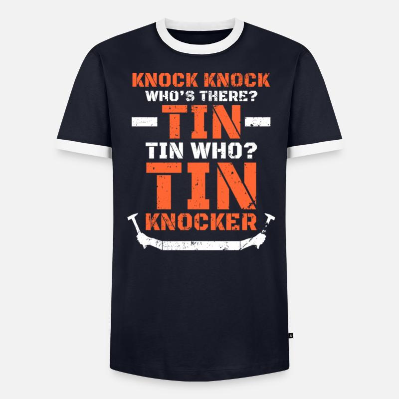 Distressed Tin Knocker Dad Joke Knock Knock Men's Ringer Shirt