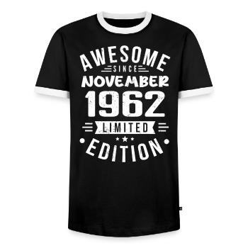 November 1962 Gift Idea Legend November 1962 - Men's Ringer Shirt - black/white - Front - AI Model Female 172 light (172cm) & AI Model Male 178 light (178cm)