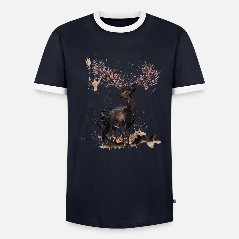 Deer Cherry blossoms Sakura tree Sumie Men's Ringer Shirt
