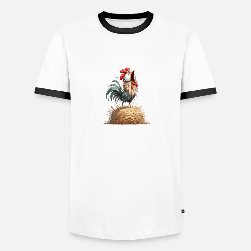 Comic rooster crows on straw bales Men's Ringer Shirt