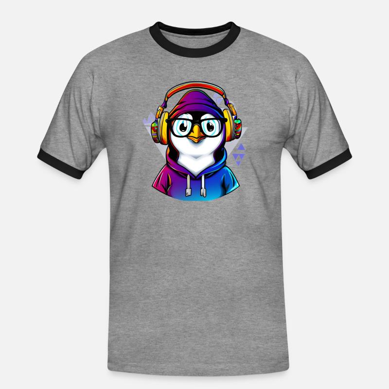Nerd Pinguin mit Pullover - Männer Kontrast-T-Shirt - Grau meliert/Schwarz