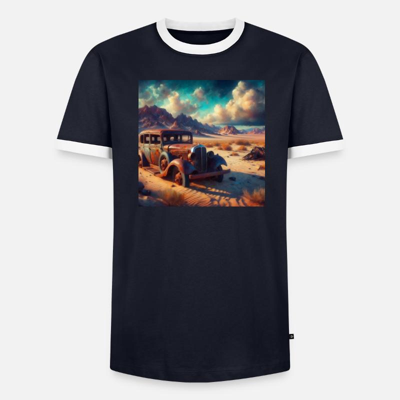 Oldtimer Wrack in der Wüste 2 Männer Kontrast-T-Shirt