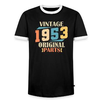 Monat 1953. 1953 Geburtstagsgeschenk. 71 Jahre alt Birt - Männer Kontrast-T-Shirt - Schwarz/Weiß - Vorne - AI Model Female 172 light (172cm) & AI Model Male 178 light (178cm)