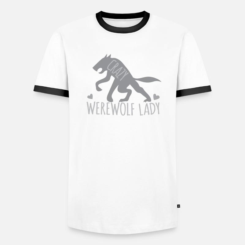 Crazy werewolf lady with grey walking wolf Men's Ringer Shirt