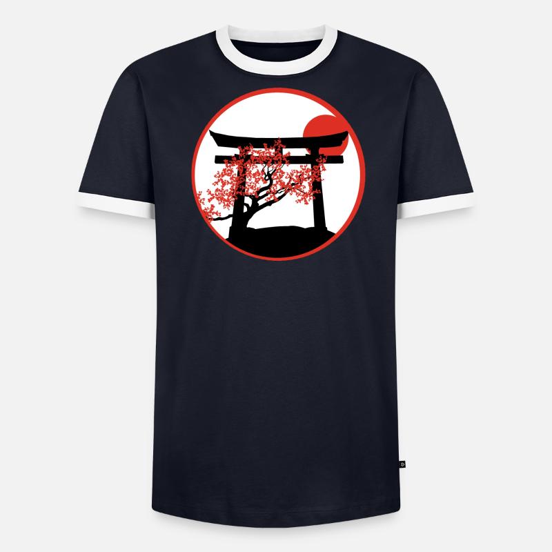Serene Sunset: Torii Gate and Cherry Tree Men's Ringer Shirt