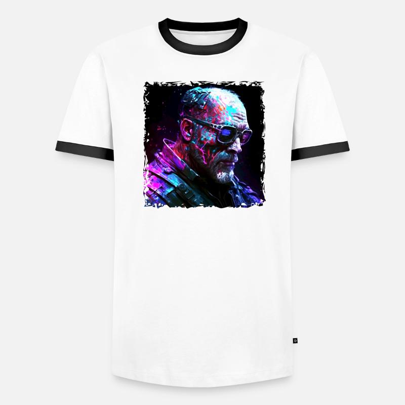 Old high-tech cyborg or android in neon light Men's Ringer Shirt