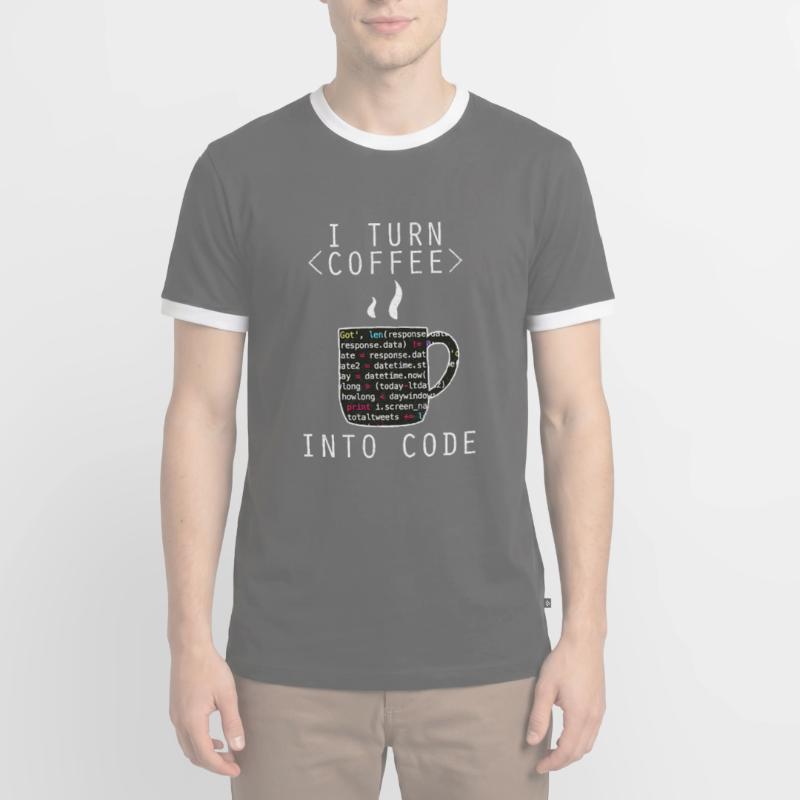 I Turn Coffee Into Code Programmer Encoder Men's Ringer Shirt