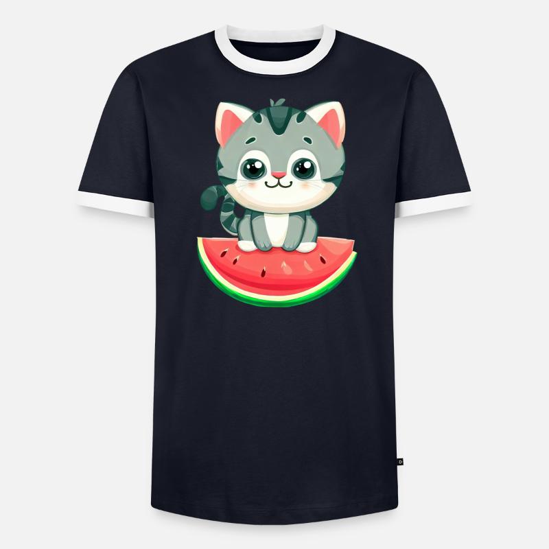 Chat mignon à la pastèque - Kawaii Design T-shirt contrasté Homme