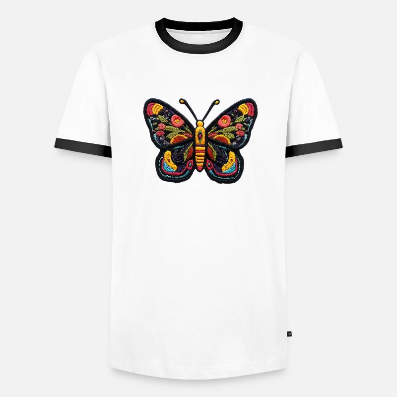 Colorful Butterfly in Embroidery Style – Boho Patc Men's Ringer Shirt