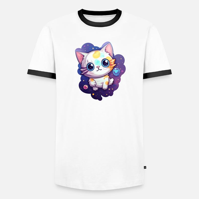 Mignon chat de dessin animé flottant dans l’espace T-shirt contrasté Homme