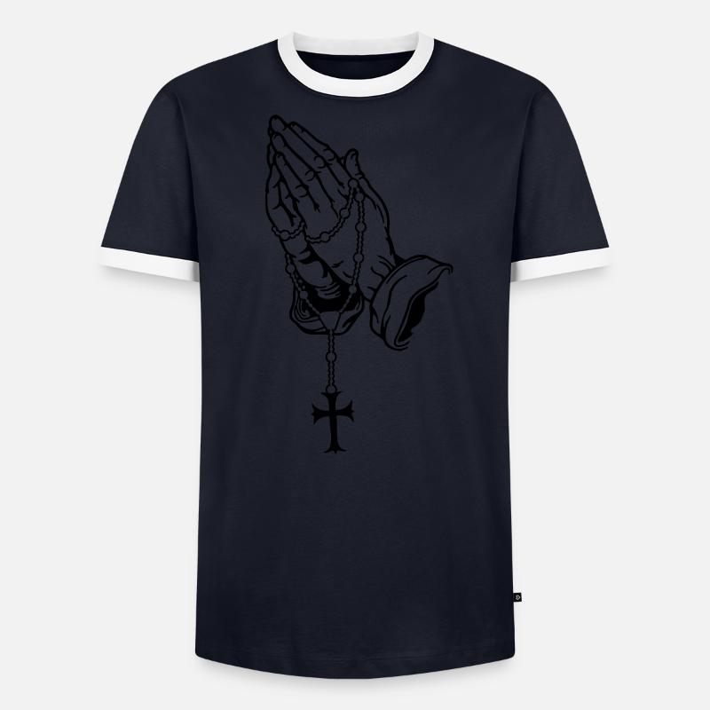 Praying Hands mit Rosenkranz Basic - Männer Kontrast-T-Shirt - Grau meliert/Schwarz