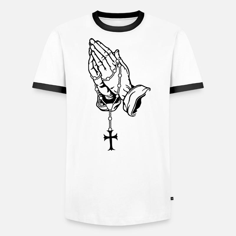 Praying Hands mit Rosenkranz Basic Männer Kontrast-T-Shirt