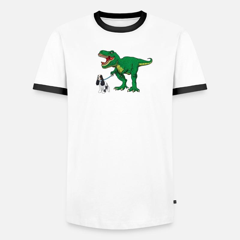 Mignon T Rex Dinosaur Dog Walking Cocker Spaniel Garçon T-shirt contrasté Homme