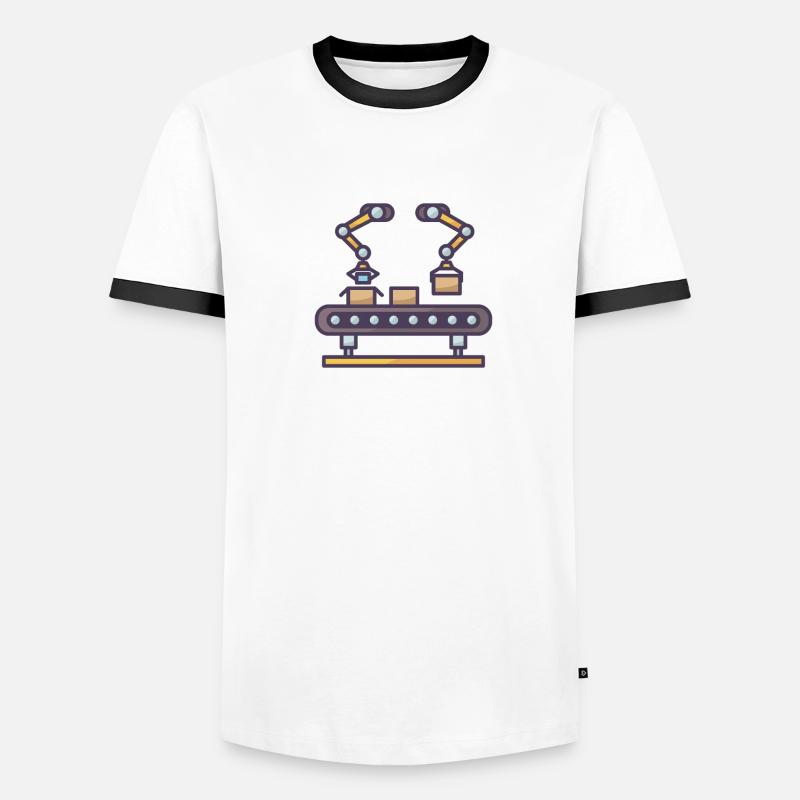 Conveyor Belt With Boxes Being Packaged Men's Ringer Shirt