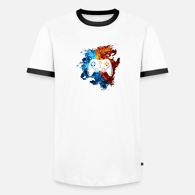 Game Controller Red Blue Fire Play Video Games Men's Ringer Shirt