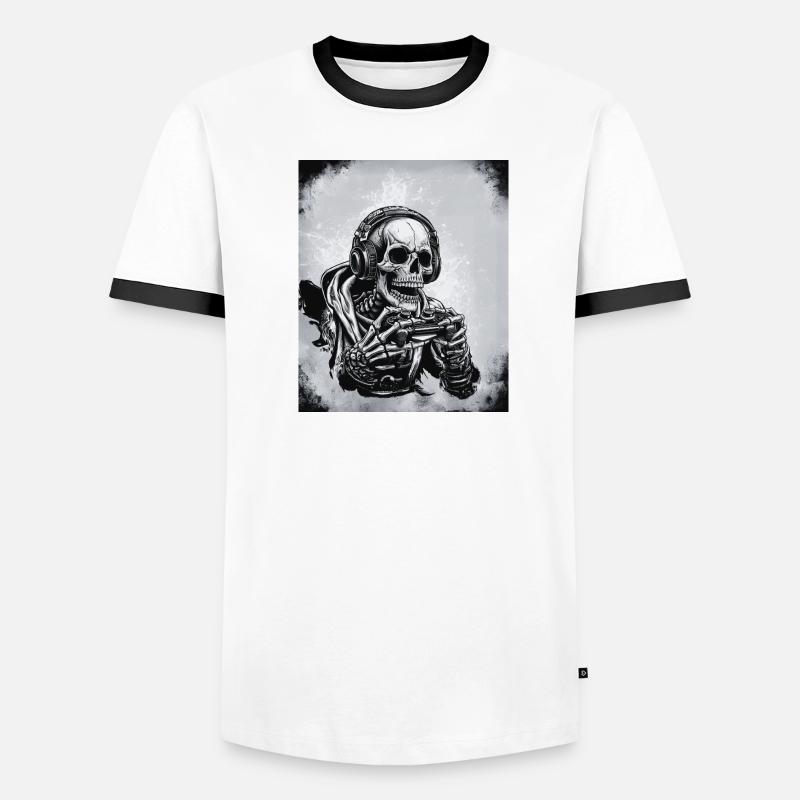 Skelett mit Gamecontroller und Kopfhörern Männer Kontrast-T-Shirt