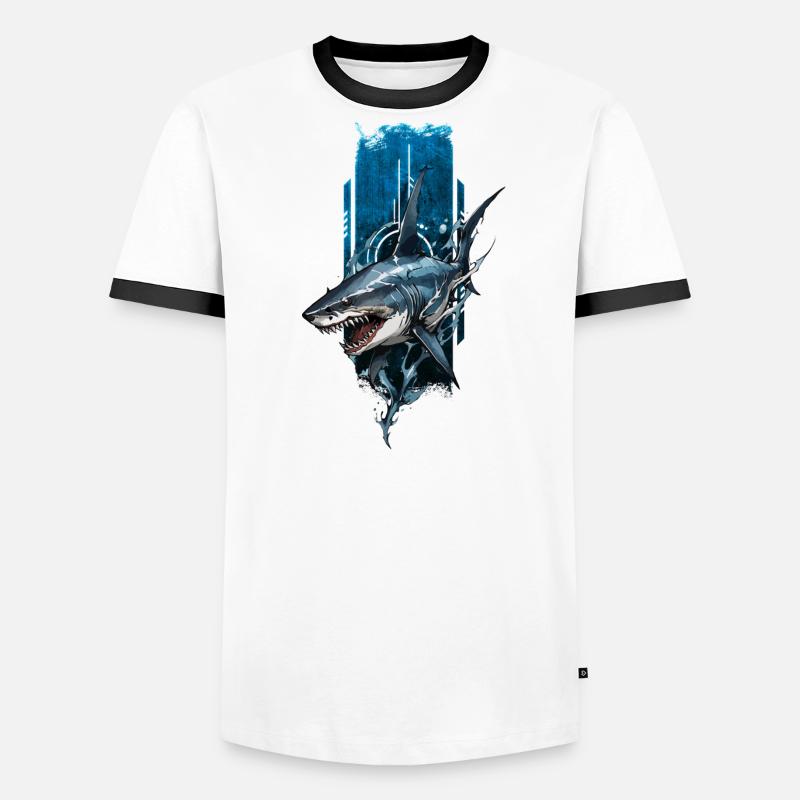 Conception de requin féroce : Prédateur bleu profond T-shirt contrasté Homme