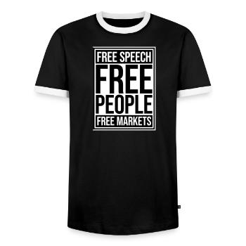 Free Speech Markets People Libertarian Freedom Logo - Men's Ringer Shirt - black/white - Front - AI Model Female 172 light (172cm) & AI Model Male 178 light (178cm)