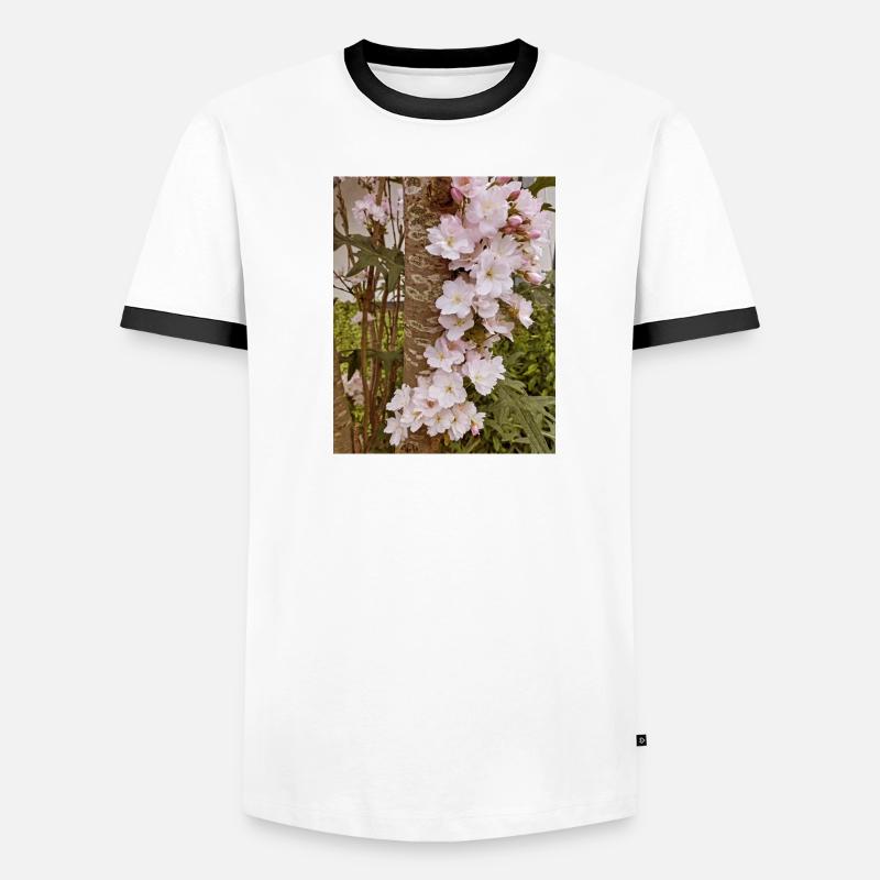 Delicate cherry blossoms on tree trunk Men's Ringer Shirt