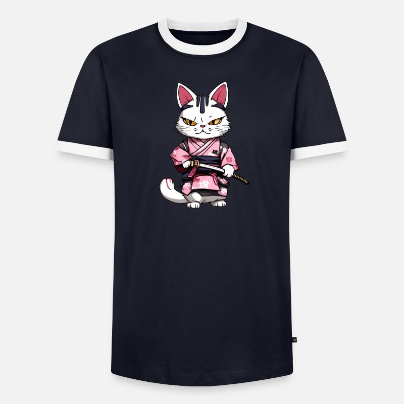 Samurai Katze & Kirschblüten #2 Männer Kontrast-T-Shirt