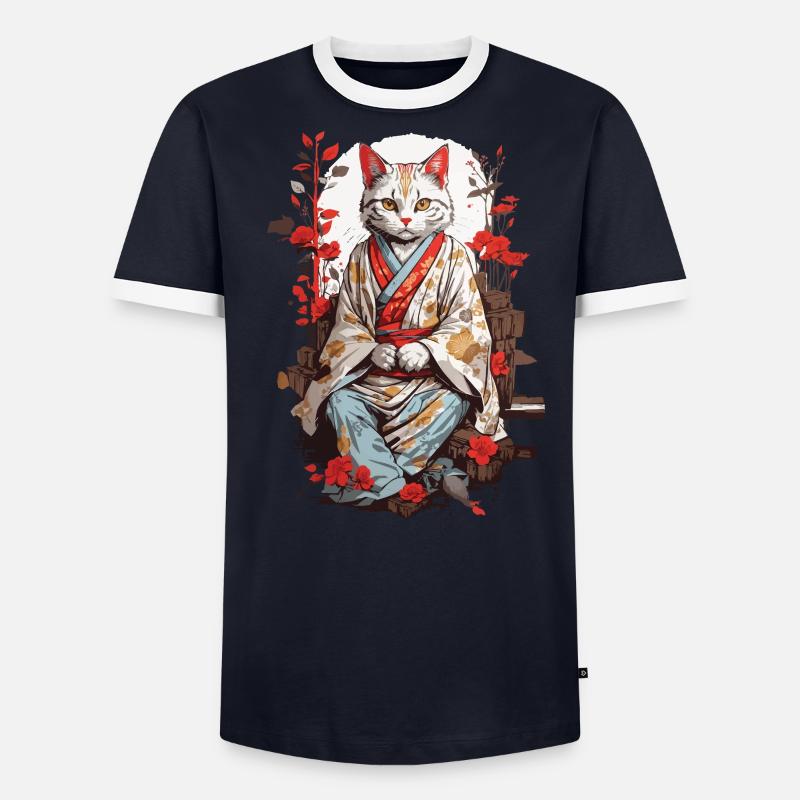 Japanese Kimono Cat Ukiyo-E Cat Design Men's Ringer Shirt