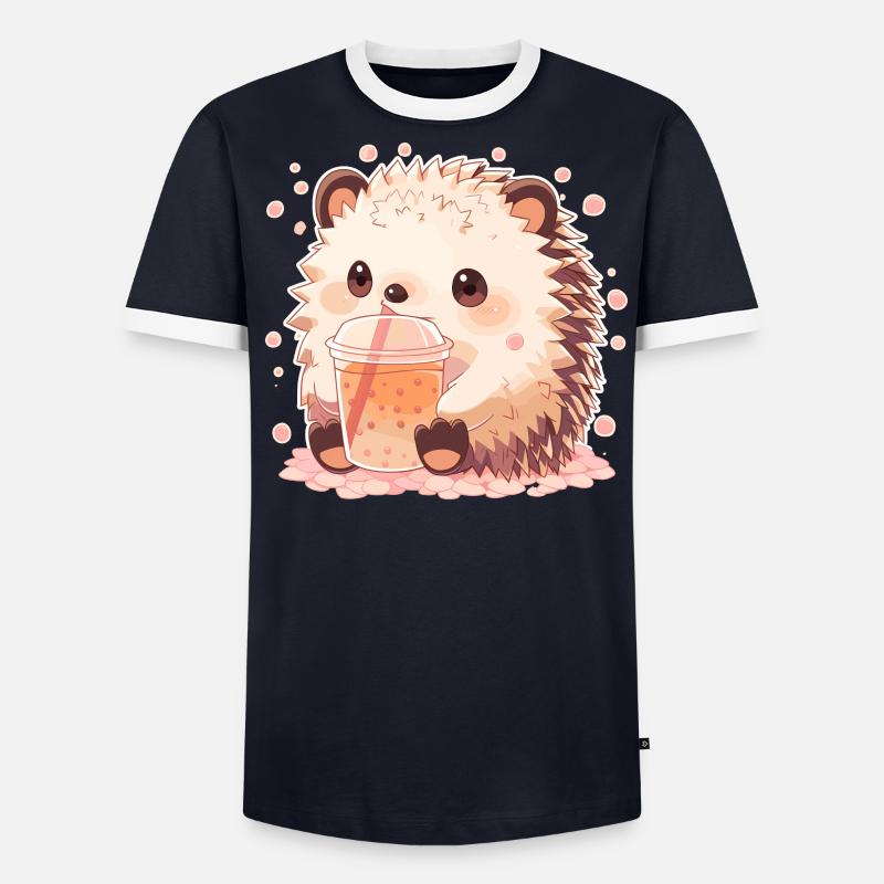 Kawaii Hedgehog Drinks Boba Bubble Tea Chibi - Men's Ringer Shirt - undefined