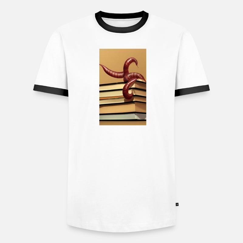 Comic Cartoon Creepy Bookworm Book Stack Men's Ringer Shirt