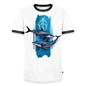 Graceful Giants : deux baleines nageant ensemble - T-shirt contrasté Homme - blanc/noir - Devant - AI Model Female 172 light (172cm) & AI Model Male 178 dark (178cm)