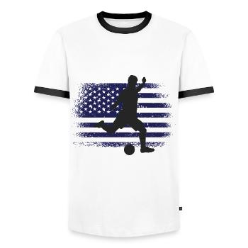 USA Fußball Trikot Amerikanische Flagge - Männer Kontrast-T-Shirt - Weiß/Schwarz - Vorne - AI Model Female 172 light (172cm) & AI Model Male 178 dark (178cm)