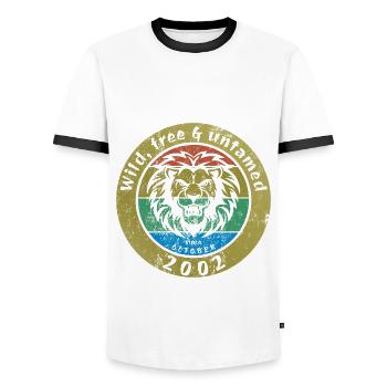 Wild, free & untamed since 10/2002 - Men's Ringer Shirt - white/black - Front - AI Model Female 172 light (172cm) & AI Model Male 178 dark (178cm)