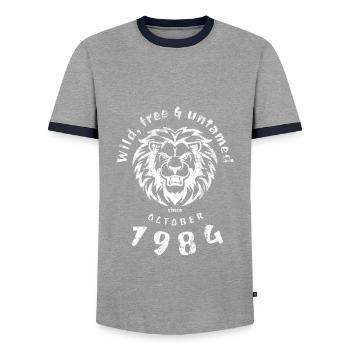 40th Birthday Wild, free & untamed since 10/1984 - Men's Ringer Shirt - grey/navy  - Front - AI Model Female 172 light (172cm) & AI Model Male 178 light (178cm)