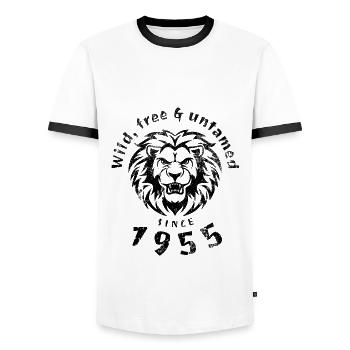 70th Birthday Wild, free & untamed since 1955 - Men's Ringer Shirt - white/black - Front - AI Model Female 172 light (172cm) & AI Model Male 178 dark (178cm)