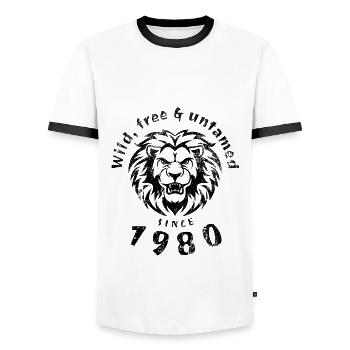 45th Birthday Wild, free & untamed since 1980 - Men's Ringer Shirt - white/black - Front - AI Model Female 172 light (172cm) & AI Model Male 178 dark (178cm)