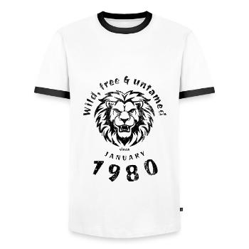 45ème anniversaire Sauvage, libre et indompté depuis 10/1979 - T-shirt contrasté Homme - blanc/noir - Devant - AI Model Female 172 light (172cm) & AI Model Male 178 dark (178cm)