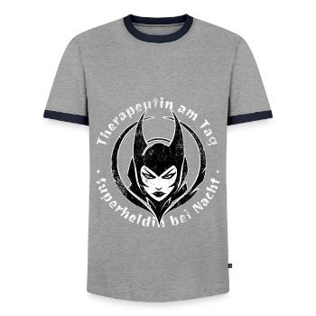Therapist by day, superheroine by night - Men's Ringer Shirt - grey/navy  - Front - AI Model Female 172 light (172cm) & AI Model Male 178 light (178cm)