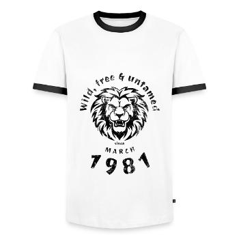 44. Birthday Wild, free & untamed since 03/1981 - Men's Ringer Shirt - white/black - Front - AI Model Female 172 light (172cm) & AI Model Male 178 dark (178cm)