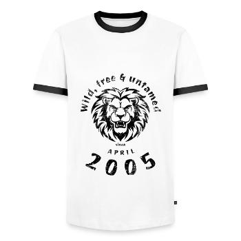 20. Geburtstag Wild, free & untamed since 04/2005 - Männer Kontrast-T-Shirt - Weiß/Schwarz - Vorne - AI Model Female 172 light (172cm) & AI Model Male 178 dark (178cm)