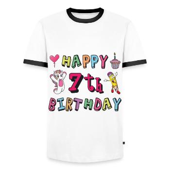 Alles Gute zum 7. Geburtstag. 7 Jahre Kindergeburt - Männer Kontrast-T-Shirt - Weiß/Schwarz - Vorne - AI Model Female 172 light (172cm) & AI Model Male 178 dark (178cm)