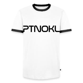 P(A)T(E)NO(N)K(E)L lettering in fontdesig - Men's Ringer Shirt - white/black - Front - AI Model Female 172 light (172cm) & AI Model Male 178 dark (178cm)