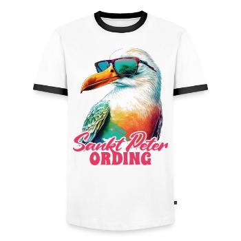Sankt Peter Ording Holiday Seagull with Sunglasses - Men's Ringer Shirt - white/black - Front - AI Model Female 172 light (172cm) & AI Model Male 178 dark (178cm)