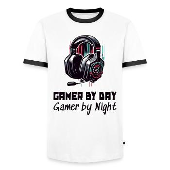 Gamer by day and by night Gaming Sleep Shirt - Men's Ringer Shirt - white/black - Front - AI Model Female 172 light (172cm) & AI Model Male 178 dark (178cm)